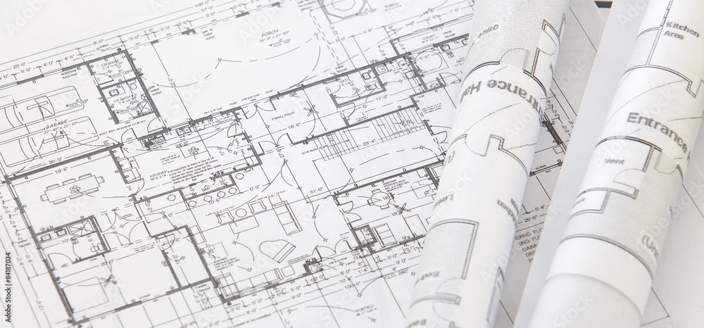 Architect rolls and architectural plan,technical project drawing