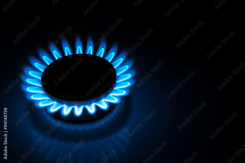 burning gas stove hob blue flames close up in the dark on a black background